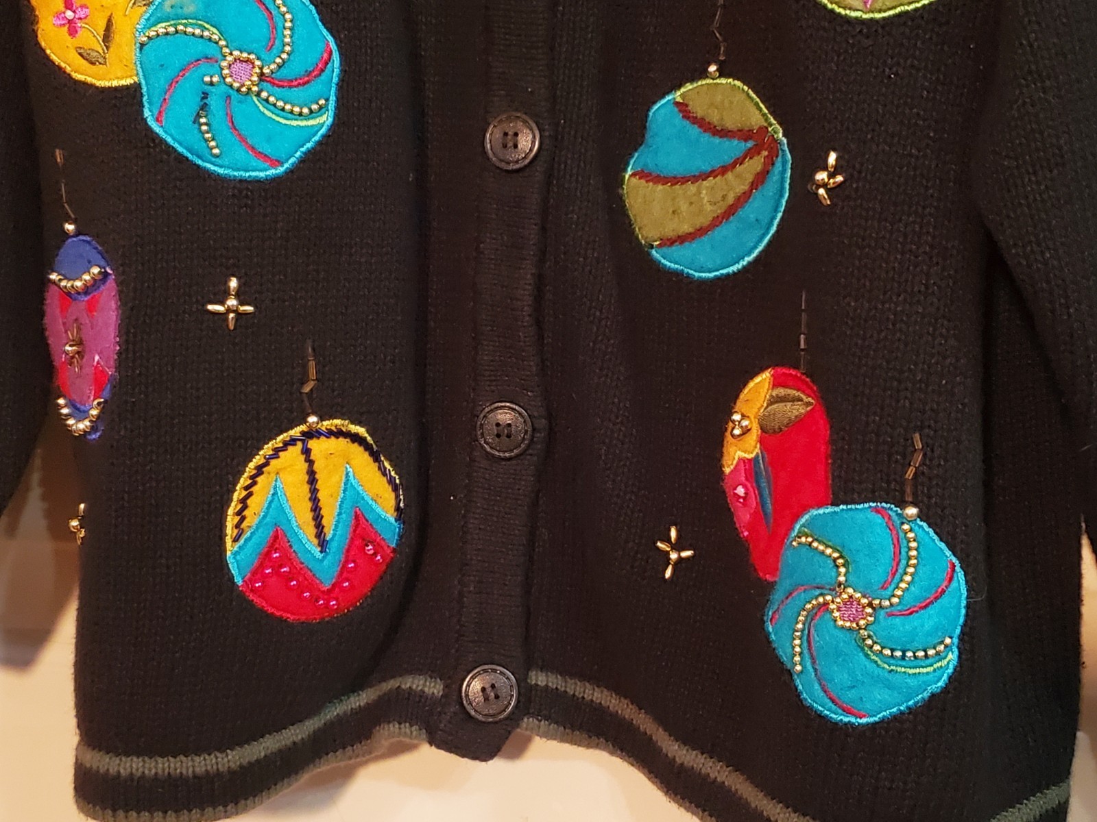 VTG Ugly Bobbie Brooks XL Christmas Sweater Cardigan Beaded Felt Ornaments Black
