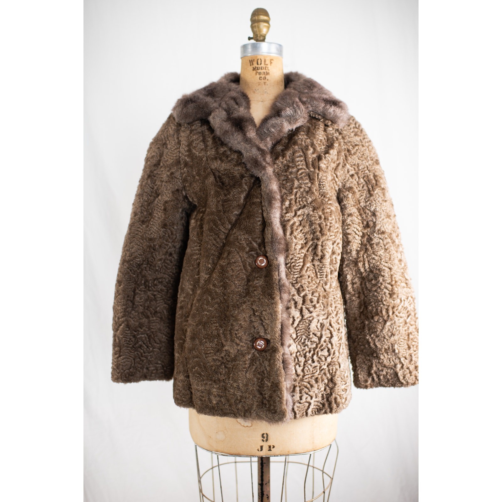 Vintage 1960s Brown Faux Curly Lamb Fur Swing Coat, Glam Old Money Jacket, S M