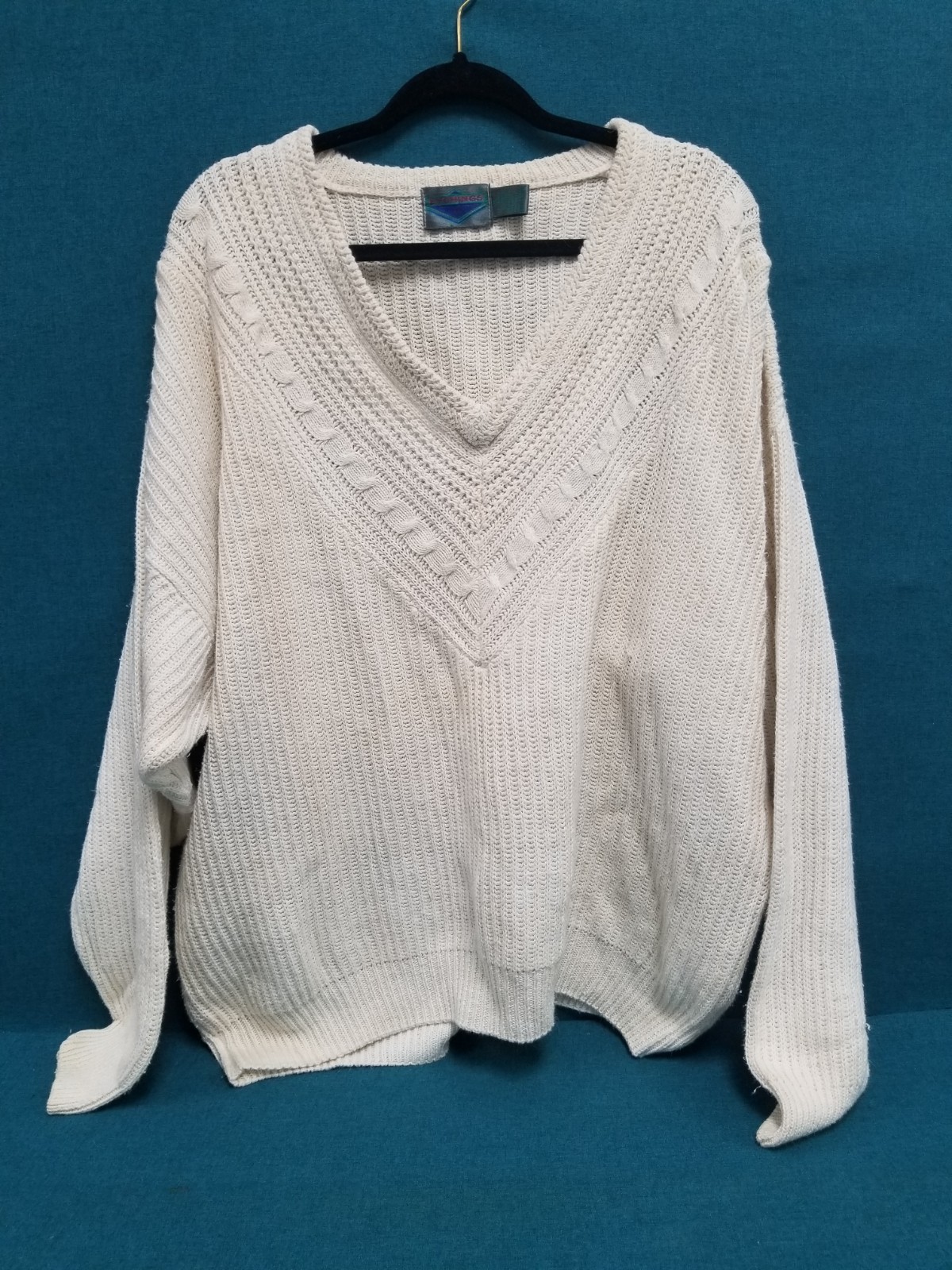 VTG Etchings Cream Cable Knit V-Neck Cotton Blend Sweater Size XL