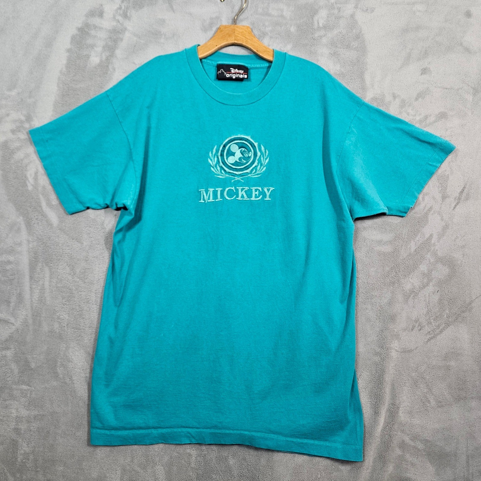 Disney Originals Vintage Mickey Mouse Embroidered Teal TShirt L-XL Single Stitch