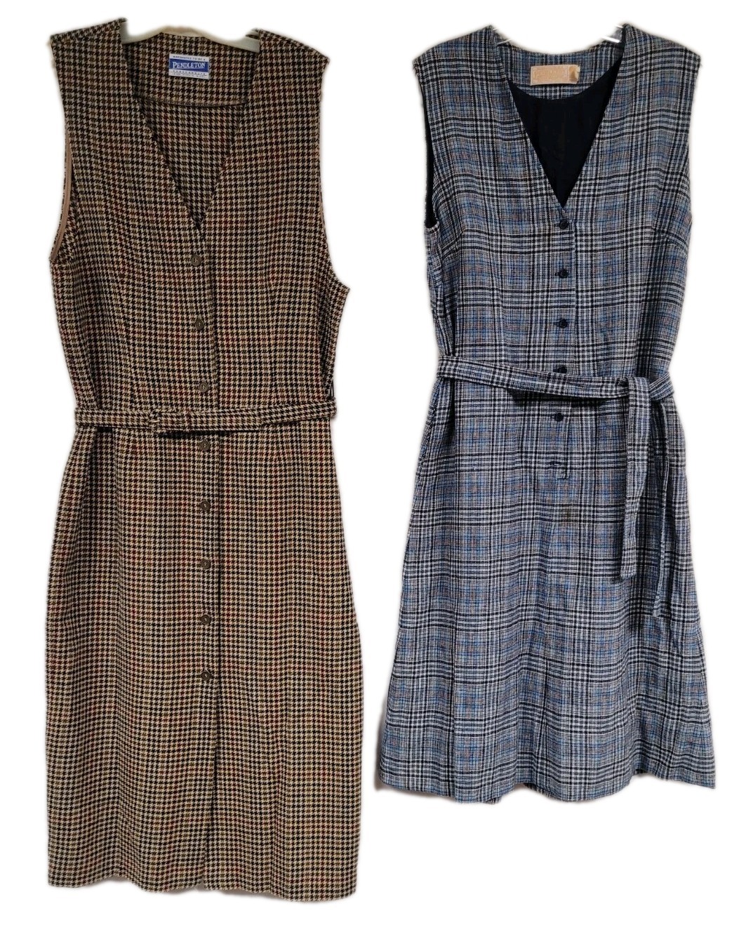 LOT OF 2 VINTAGE PENDLETON WOOL DRESSES BELTED SLEEVELESS HOUNDSTOOTH & PLAID