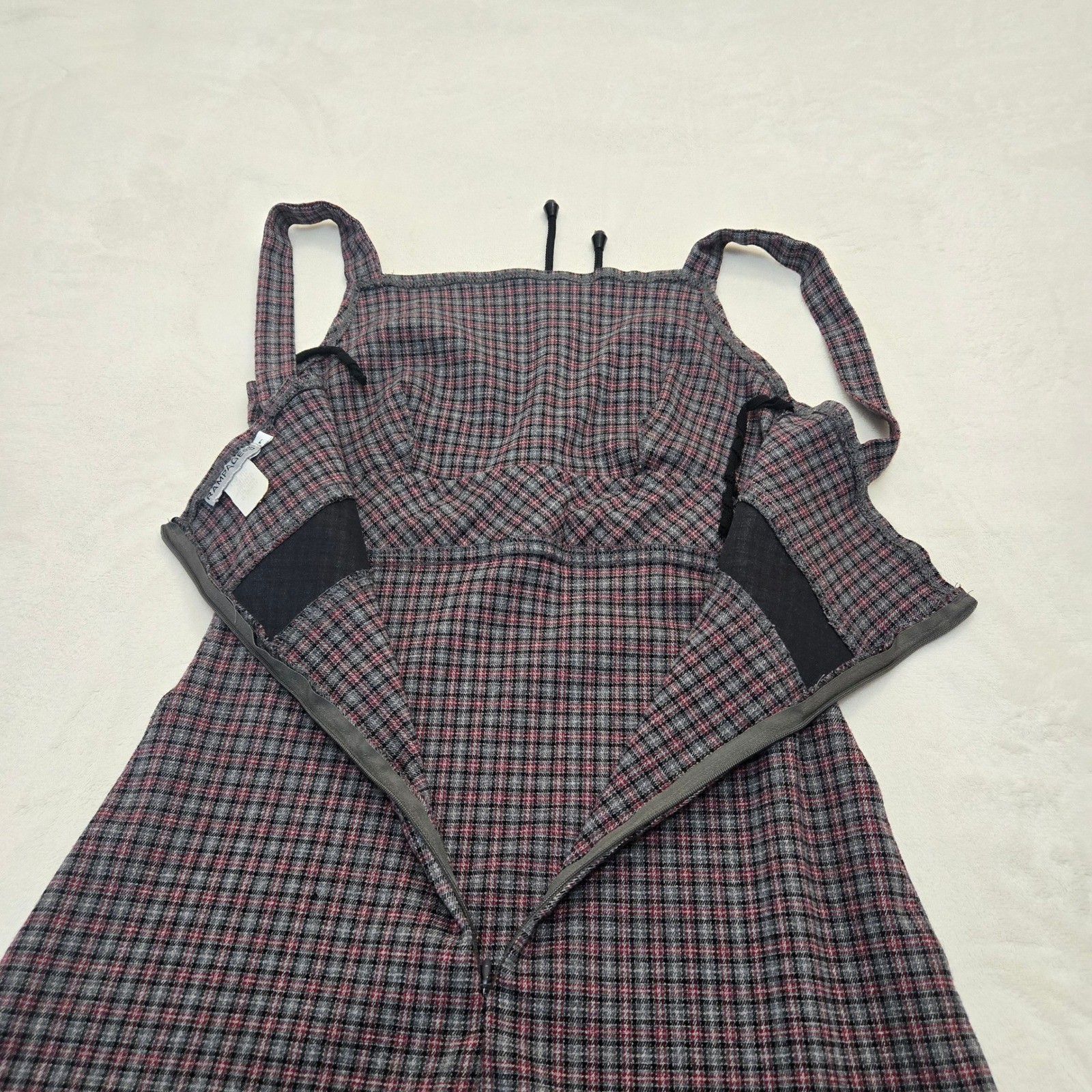 Vintage Rampage Plaid Mini Dress Red Grey Square Neck Toggle Waist 90s Womens 7