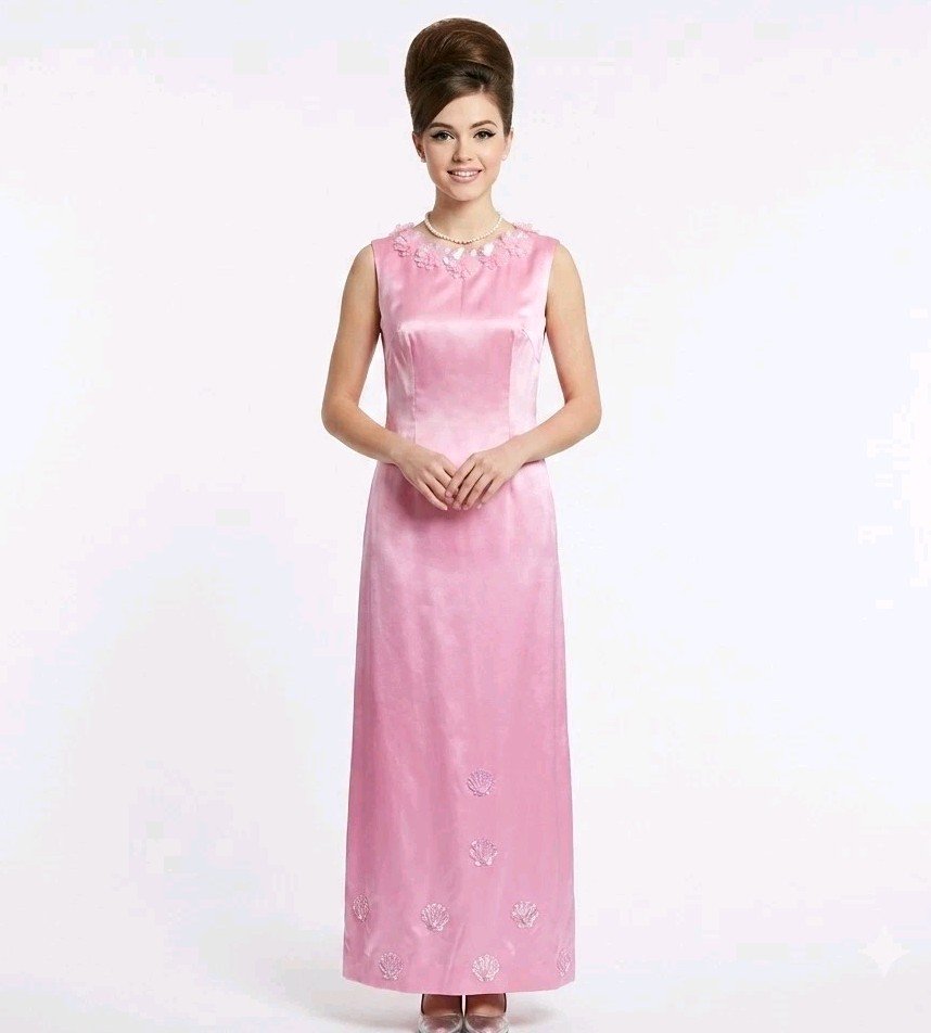Lolly Pink 60s Evening Dress Ladies M Sequin Prom Cocktail Barbie Beaded Mod Vtg