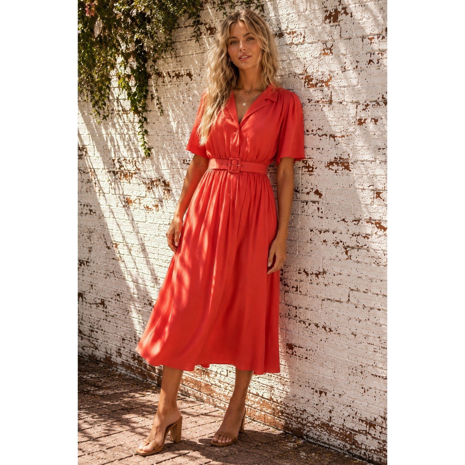 Vintage Carol Anderson Coral Belted Midi Dress USA Rayon Sundress Size 6