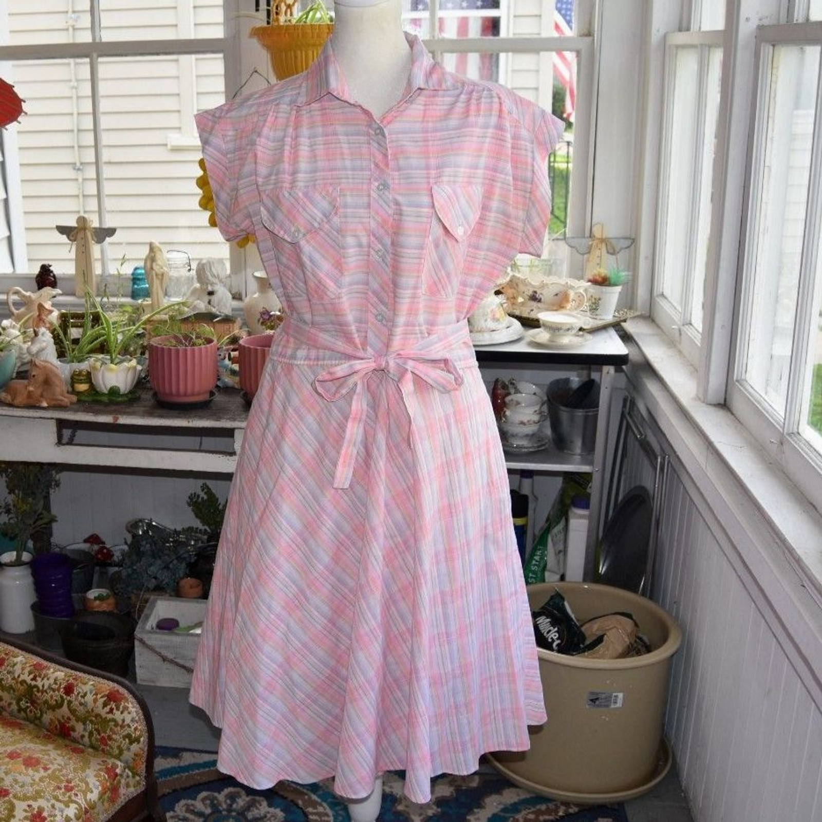 Vintage 70s Altogether Fashions Pink Plaid Shirtwaist Belted Dress M