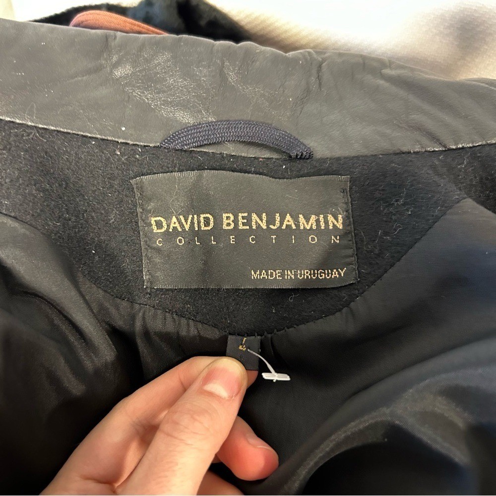 David Benjamin Collection Black Wool Leather Trim Soutache Shoulder Coat Large