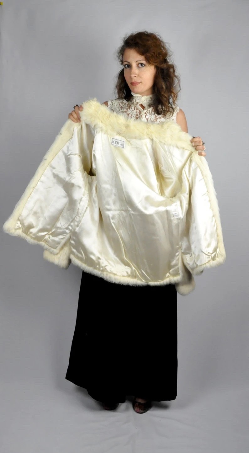 Vintage White Rabbit FUR Coat Jacket Super Soft Genuine Real Fur Ivory S M