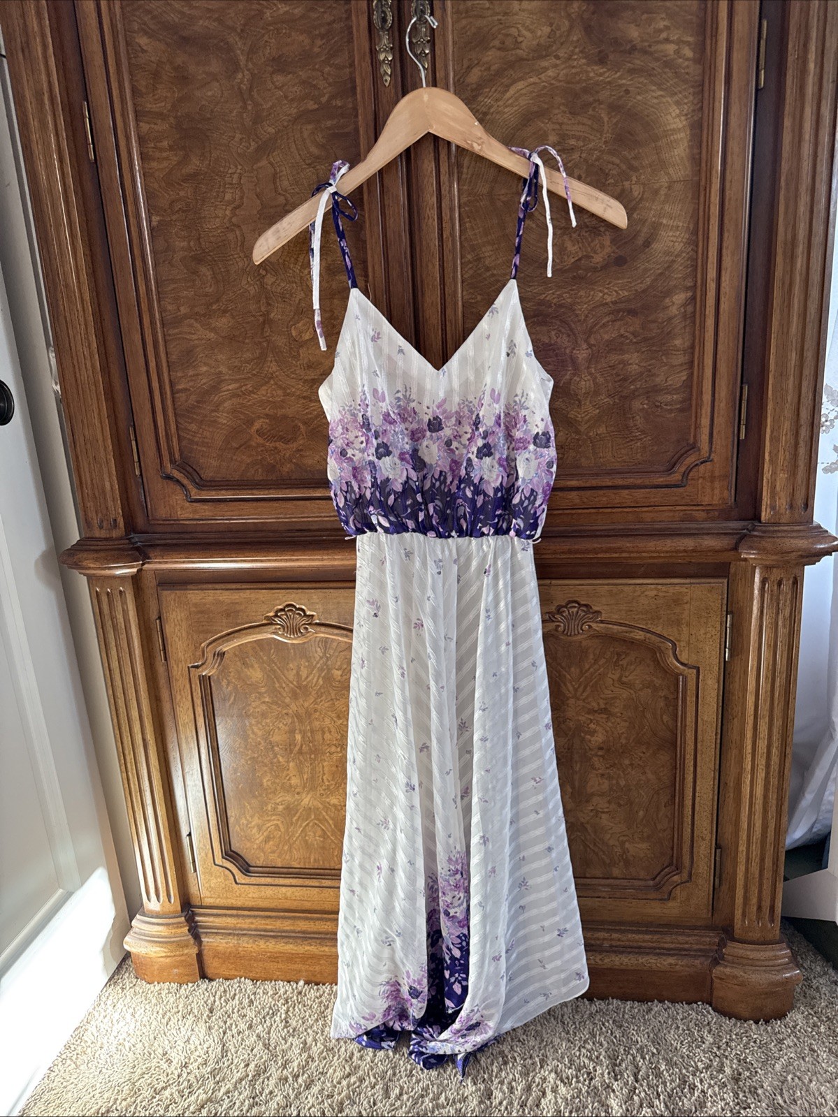 Vintage 80s Diamond’s Run White Purple Floral Dress Whimsical Fairy Cottagecore