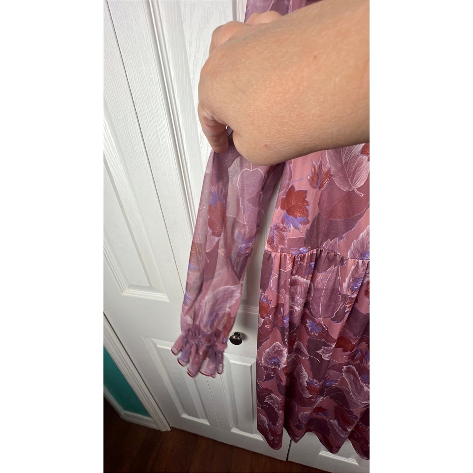 Vintage 70s Midi Dress Boho Cottagecore Retro Mauve Pink Polyester 16