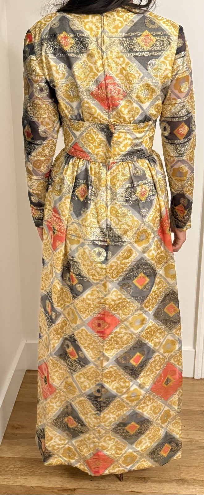 Vintage 70s Joseph Magnin Metallic Brocade Maxi Dress Gold Lurex Evening Gown