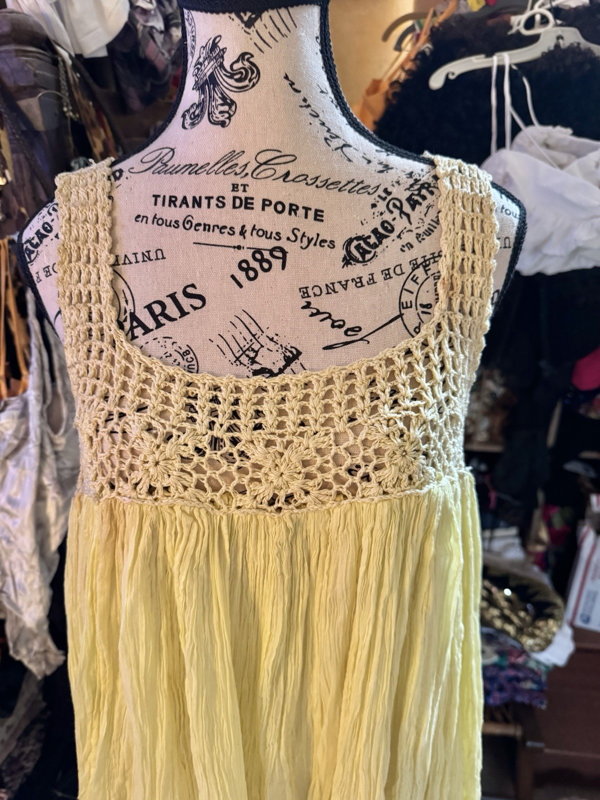 Vtg India Yellow Cotton Crochet Mesh Gauze Tent Maxi Dress Full Sweep Open Size
