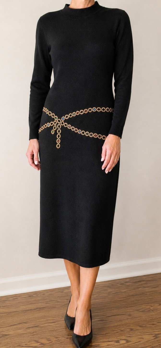 Vintage St John Saks Knit Dress 12 Black Santana Sweater Jeweled Chain Waist 80s