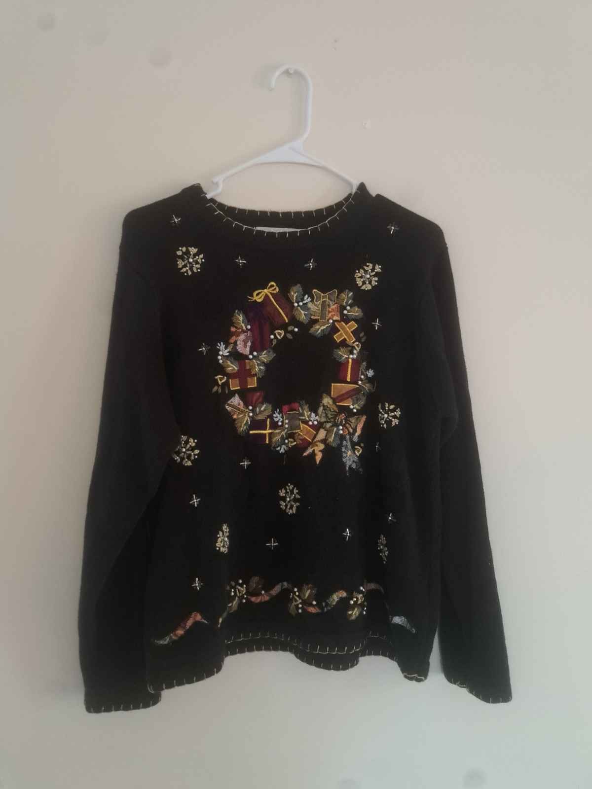 Victoria Jones Womens Black Wreath Beaded Sweater Size Medium