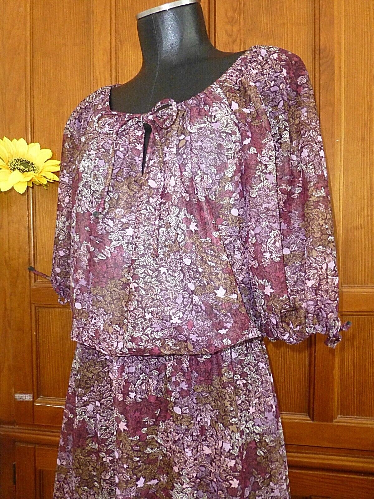 VTG 70s 1970 Sheer Floral print Puff Slv BoHo Cocktail Secretary Peasant DRESS L