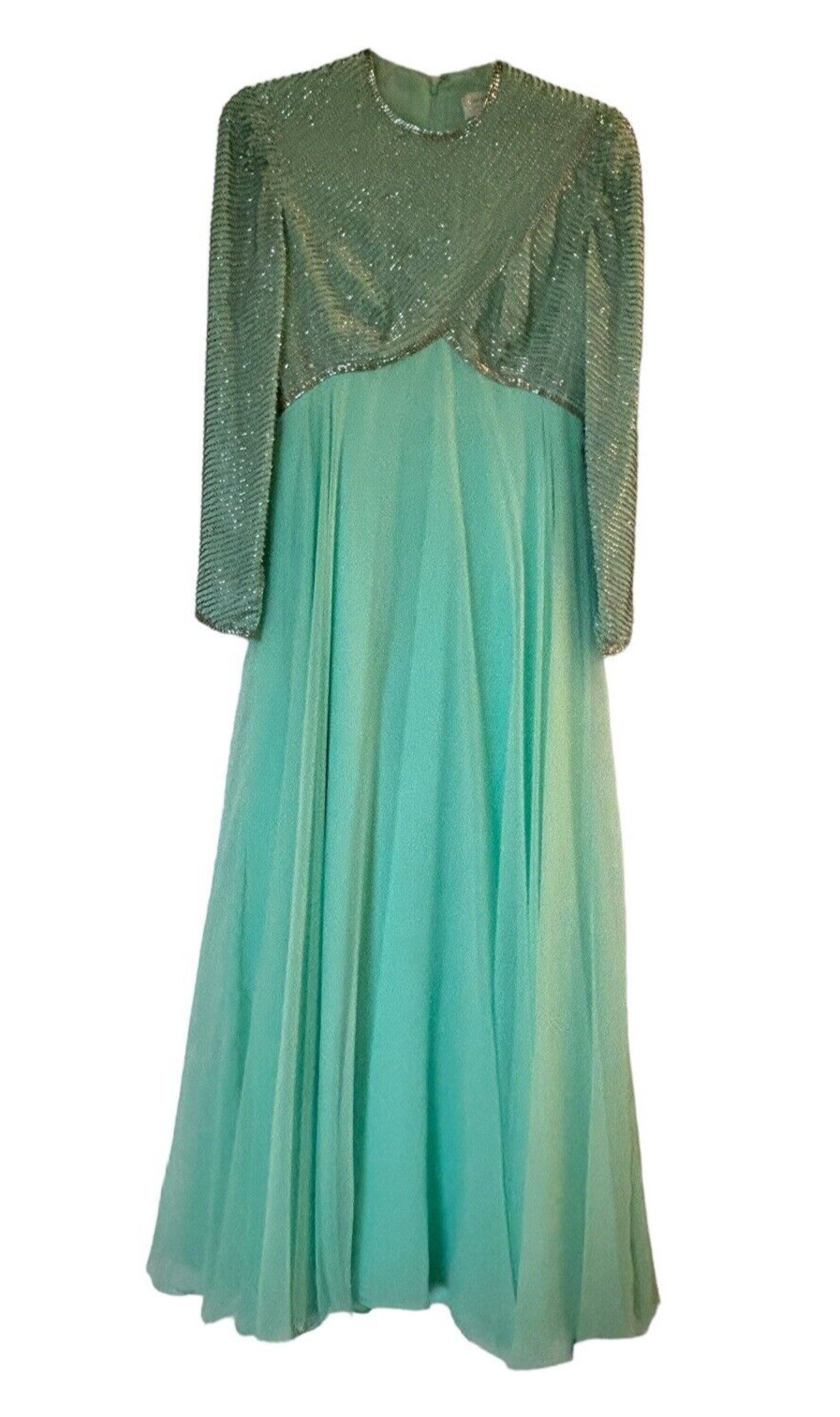 VTG 1960s Victoria Royal Ltd Gown Sz 6 Seafoam Green Beaded Rhinestones Lined