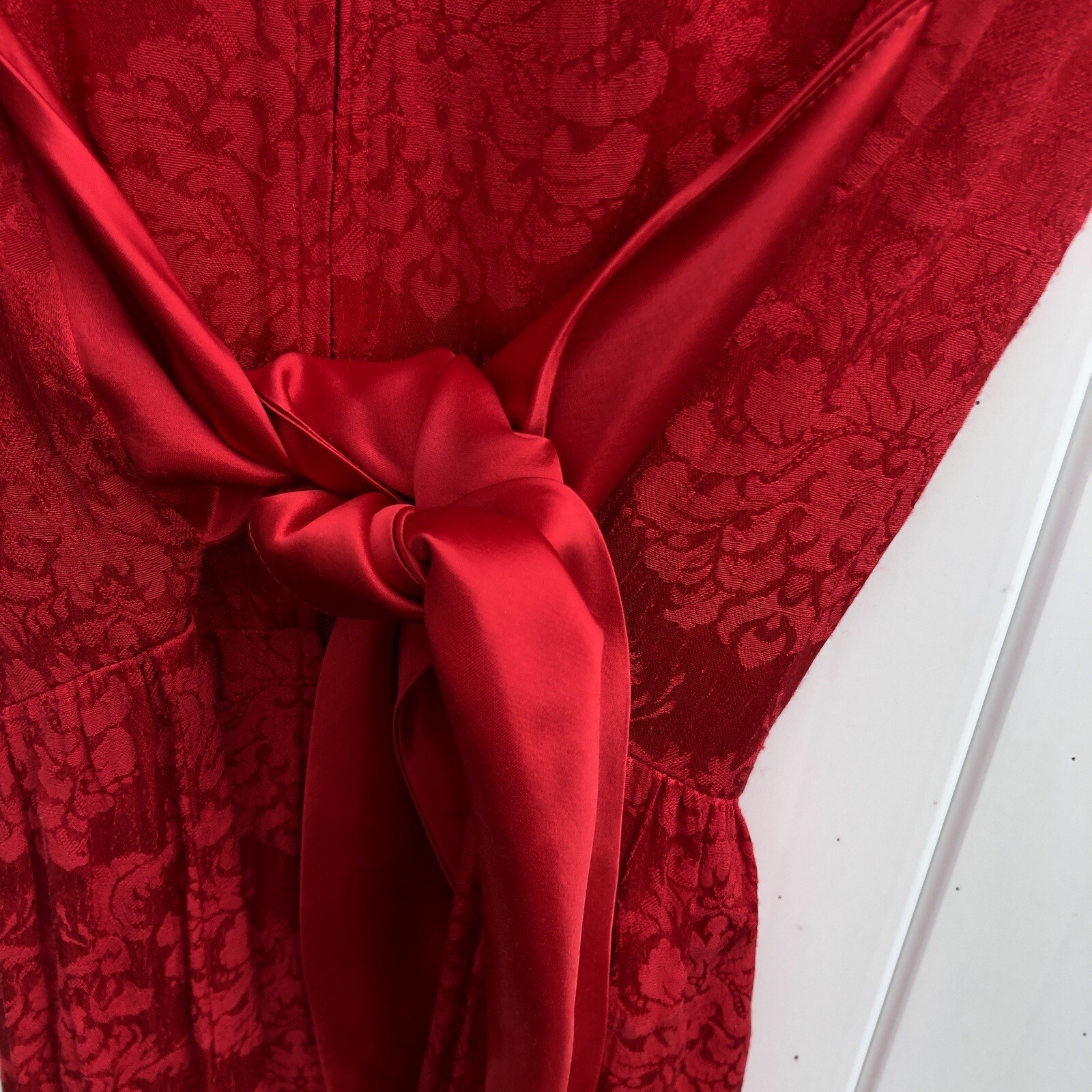 Vintage K.C. Spencer Short Sleeve Dress Red Maxi Floral Tie Gown Christmas 8