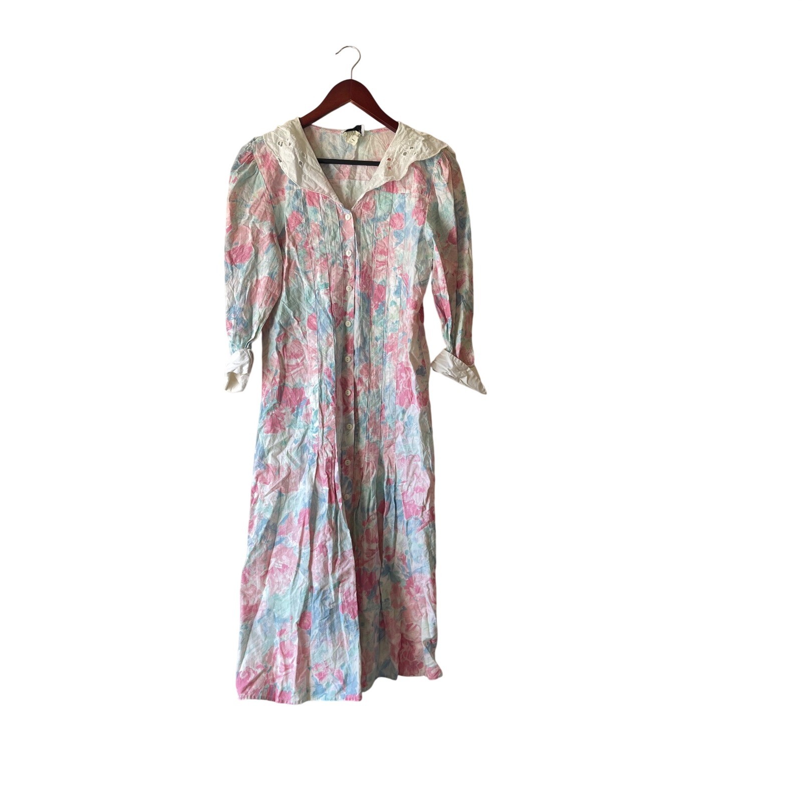 Vintage Floral Midi Dress Pastel Eyelet Collar Cotton cottagecore small