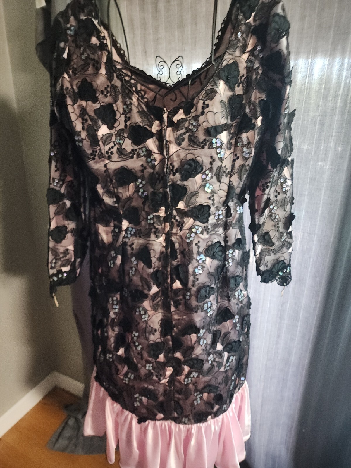 Vintage 80s black pink sequin ruffle prom party cruise, Lace size 10 dance