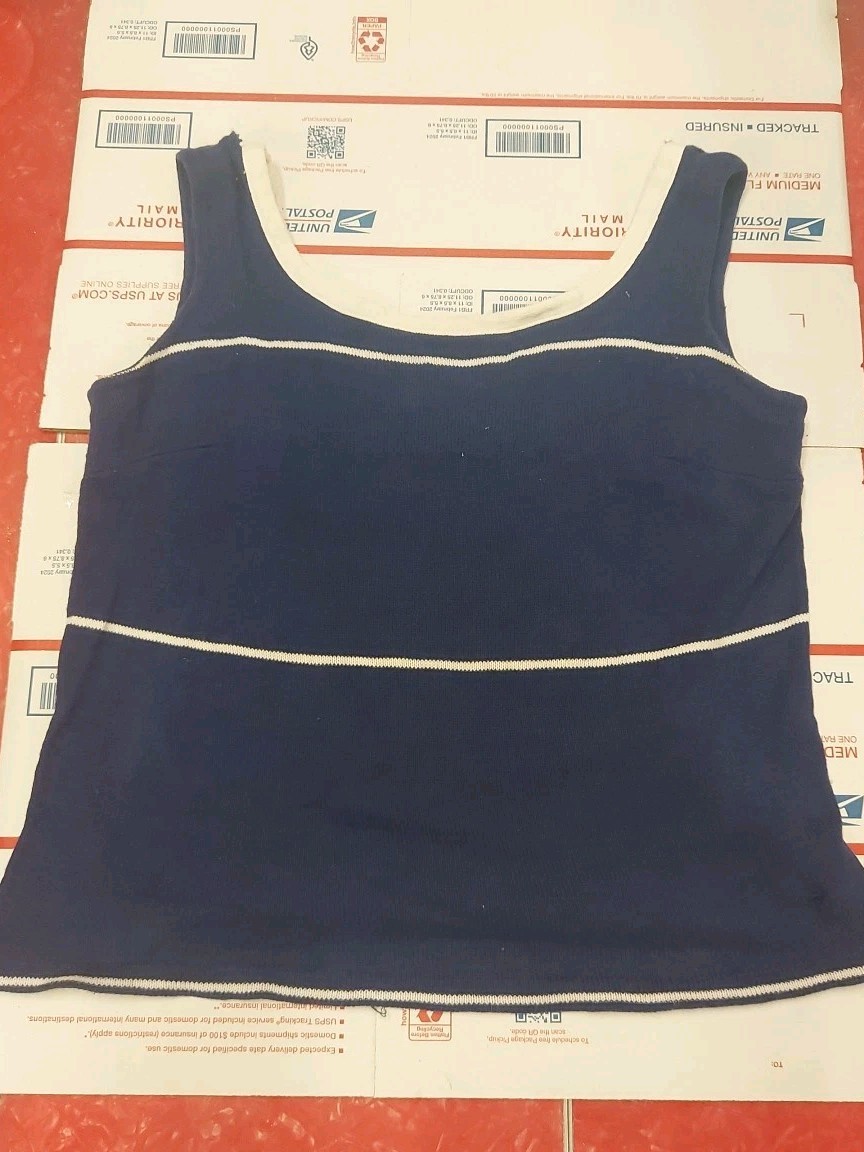 Tank Shirt VTG 70s 80s Aileen Blue White Stripe Knit Tank Shirt Sz M Damaged