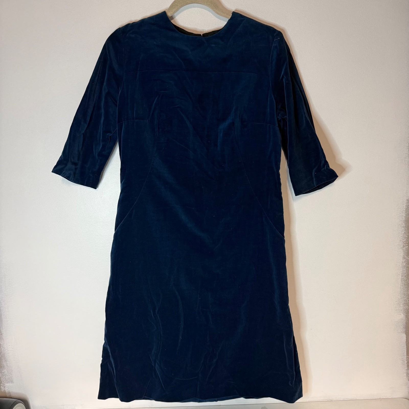 VTG Handmade Blue Velvet Fitted Dress Knee Length 70s 80s 90s Approx M?