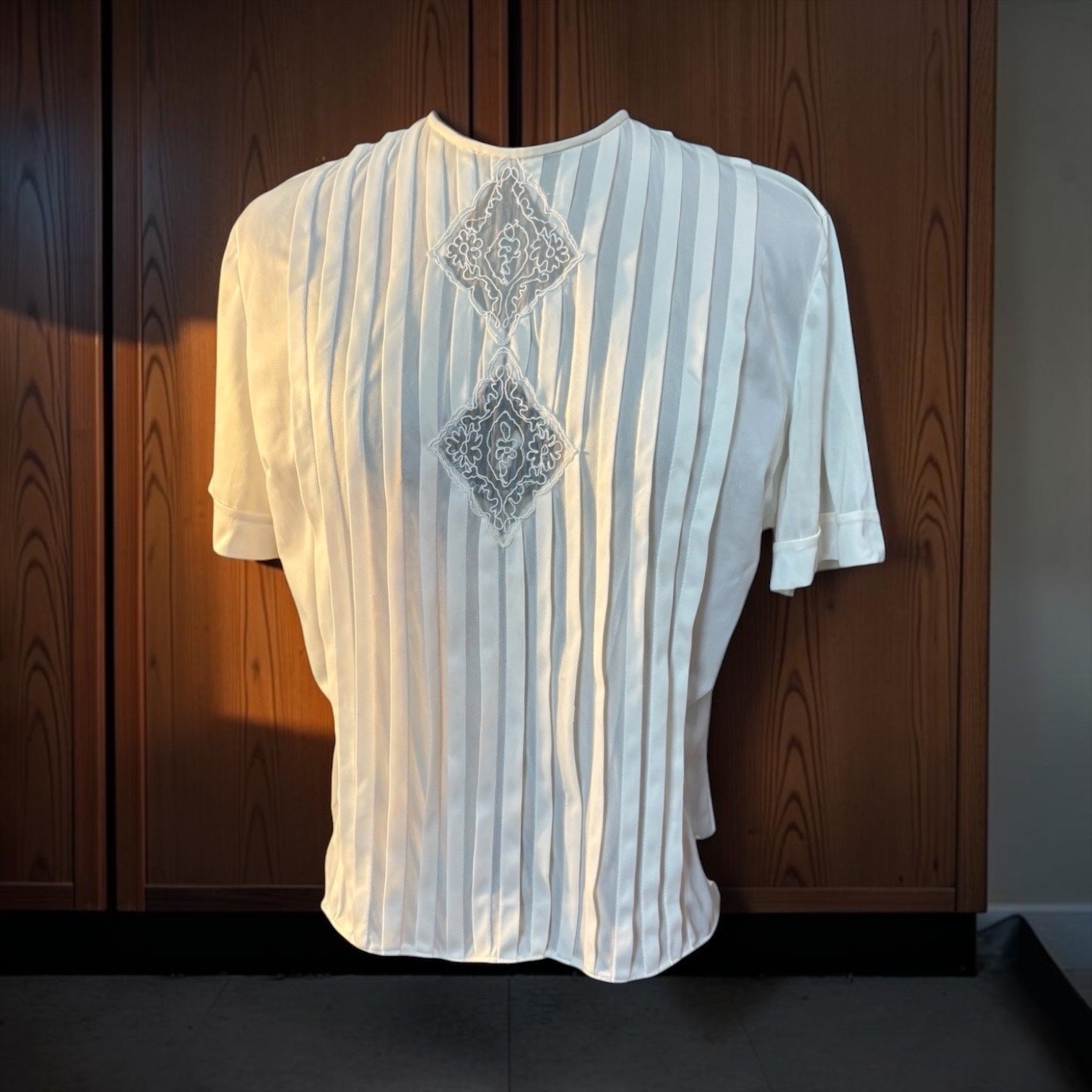 50s Ivory Nylon Blouse Sheer Pintucks Embroidered Lingerie Glam 42 Bust