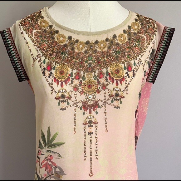 Desigual Elo Sheer Floral Chiffon Flapper Bejeweled Neckline Knee Dress – Small