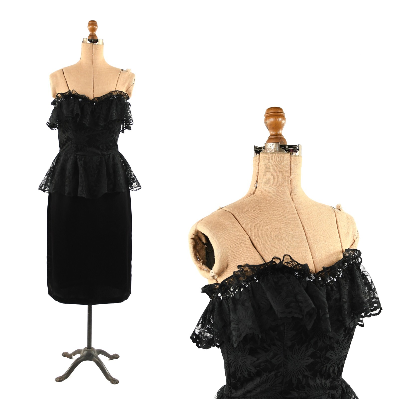 Vintage 80s Black Sequin Strapless Knit Sheer Floral Lace Peplum Evening Dress