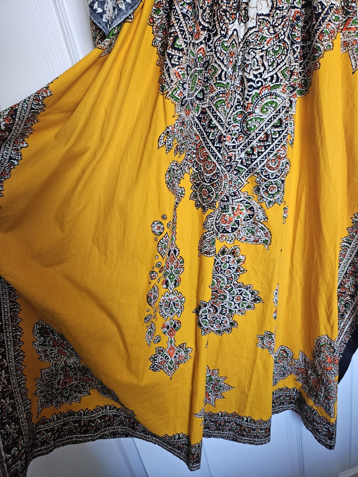 Vtg Thai Cotton Vibrant Yellow Printed Ethnic Asian Maxi Dress Kaftan XS