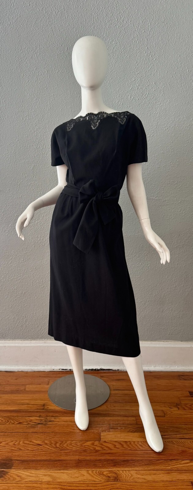Vintage 60s Black Plunging Bow CHARLES COOPER Cocktail Party Dress M