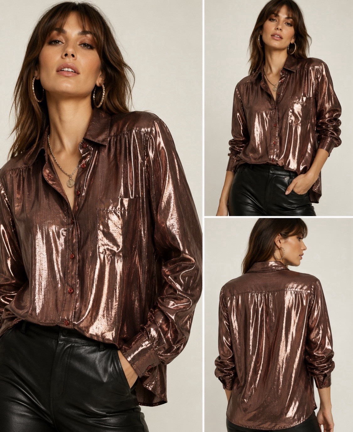 Vintage 80s Metallic Lamé Disco Shirt Bronze Copper Glam New Wave USA Large