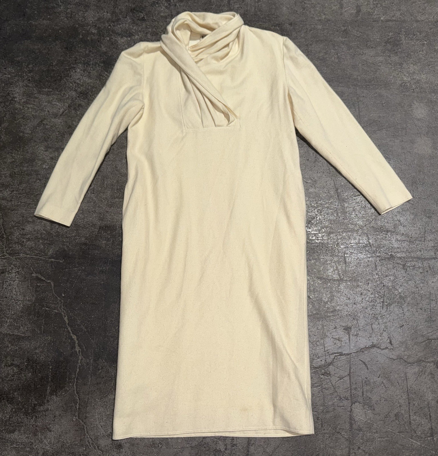 Vintage 1970s Gucci Designer Wool Ivory Dress Cowl Neck Old Money Chic 44 Womens