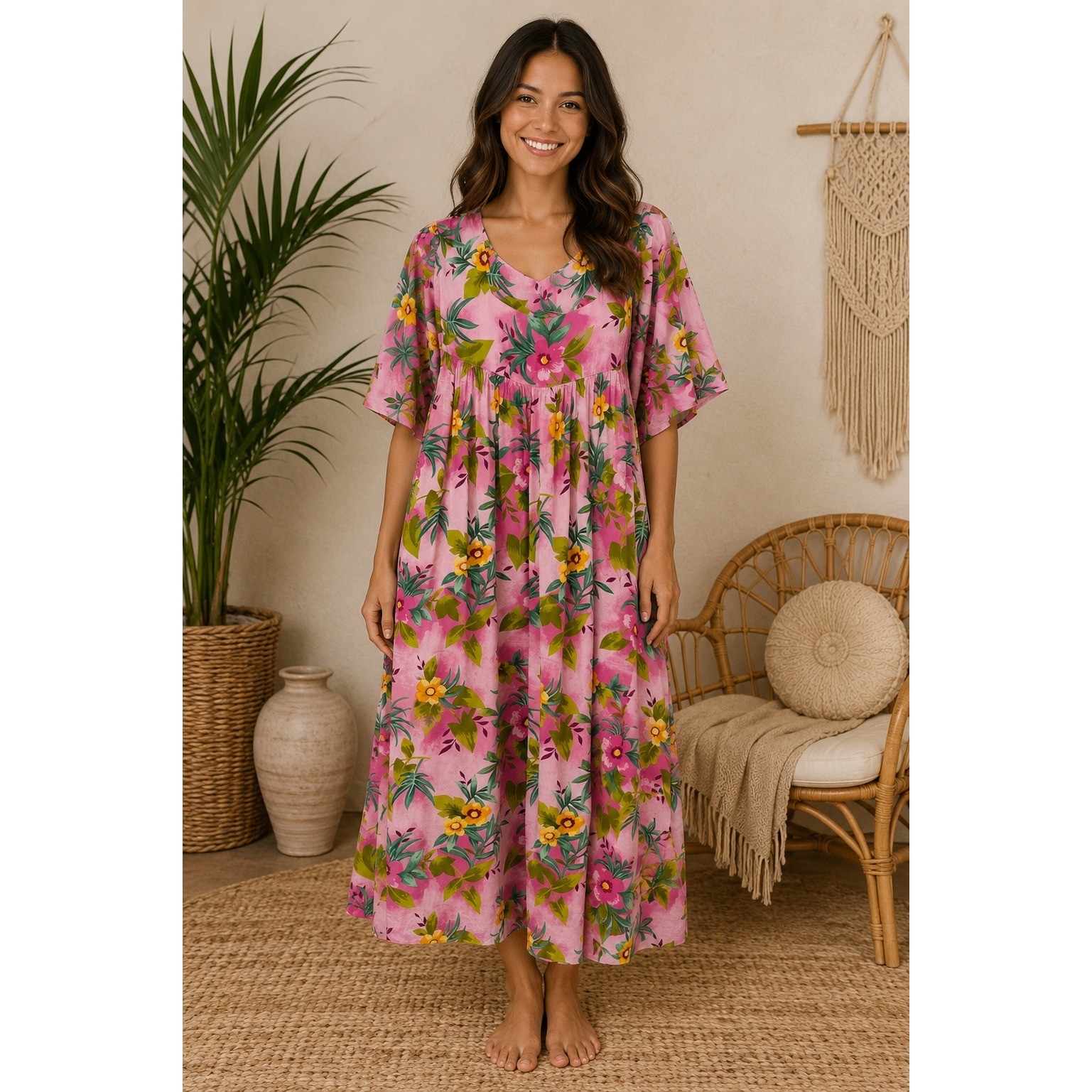 Desert Shores Vintage Muu Muu Maxi Dress Boho Coastal Tropical Pink Medium
