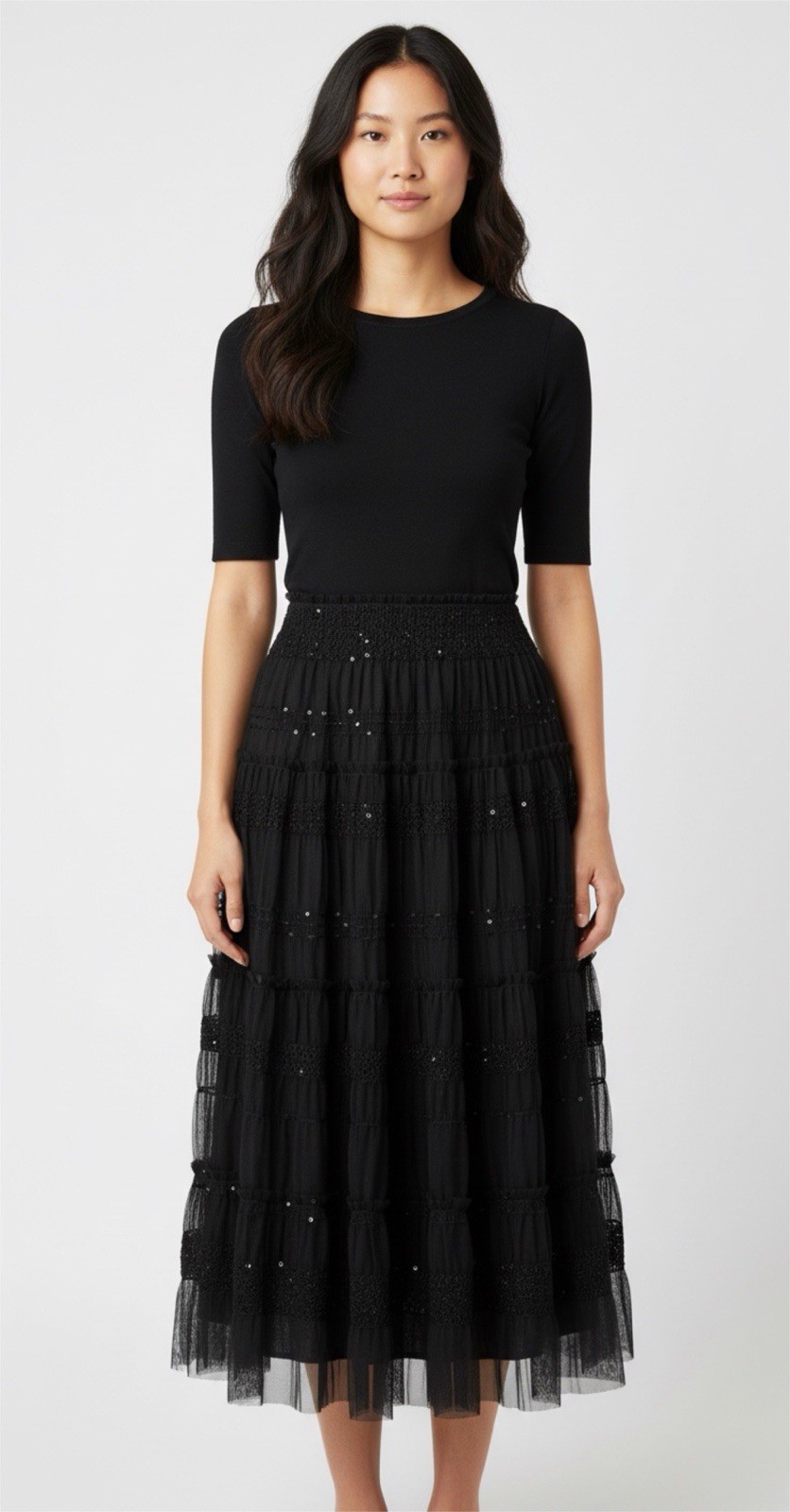 Max Studio Vintage Chiffon Toole Mesh Lace Sequin Maxi Skirt Black L