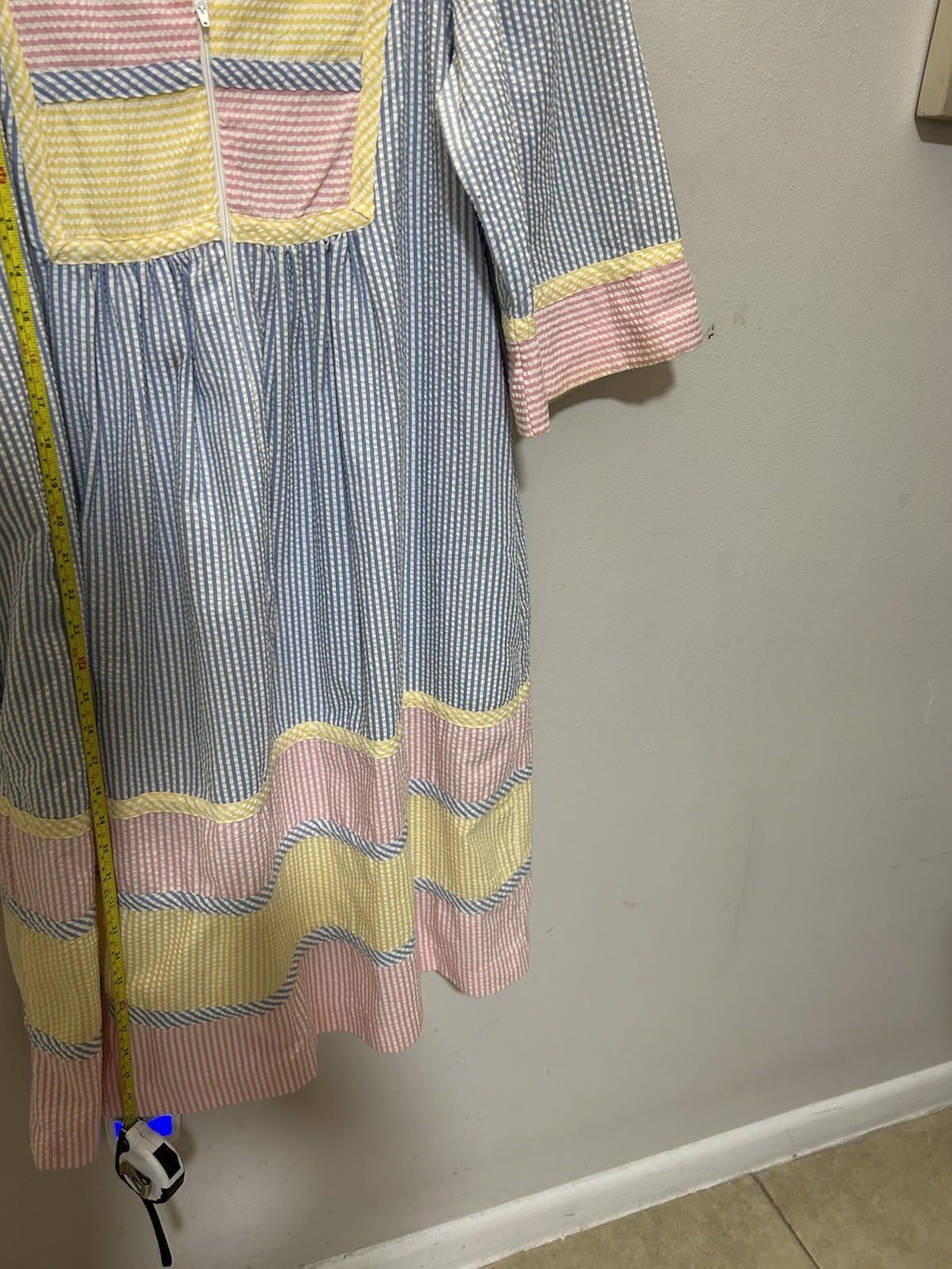 Vintage 80s Saybury Seersucker Pastel Colorblock House Dress Petite Fits S/M