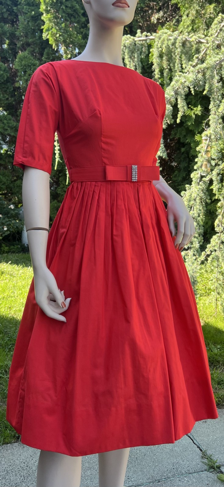 VINTAGE 1960’s RED COTTON FIT & FLARE DRESS W/ RHINESTONE BOW
