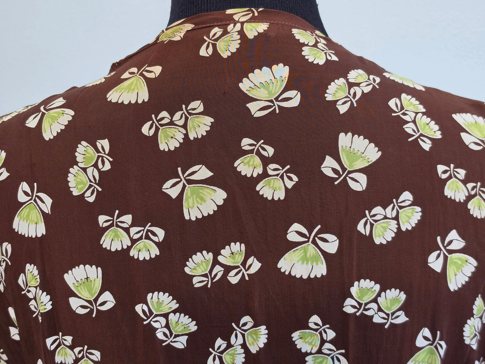 Vintage 1930s 1940s Brown Peplum Dress Flower Print Tulip Novelty (34″ waist)