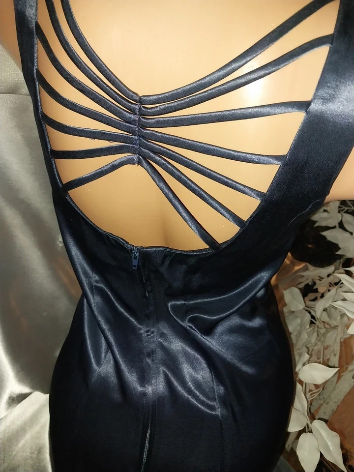 VTG SATIN SHINY RAYON DEEP BLUE SQUARE NECK MAXI DRESS JAZZ DECO CAGE BACK 5/6