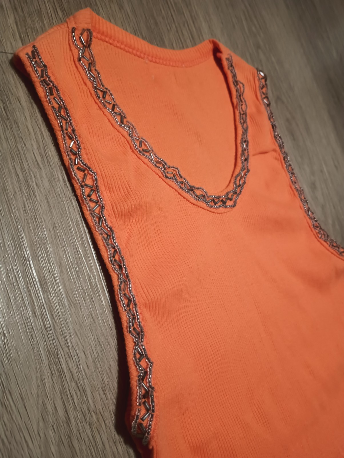 Vtg 90s Orange Stretch Rib Knit Tribal Geo Beaded Yoke Tank Top summer beach XS