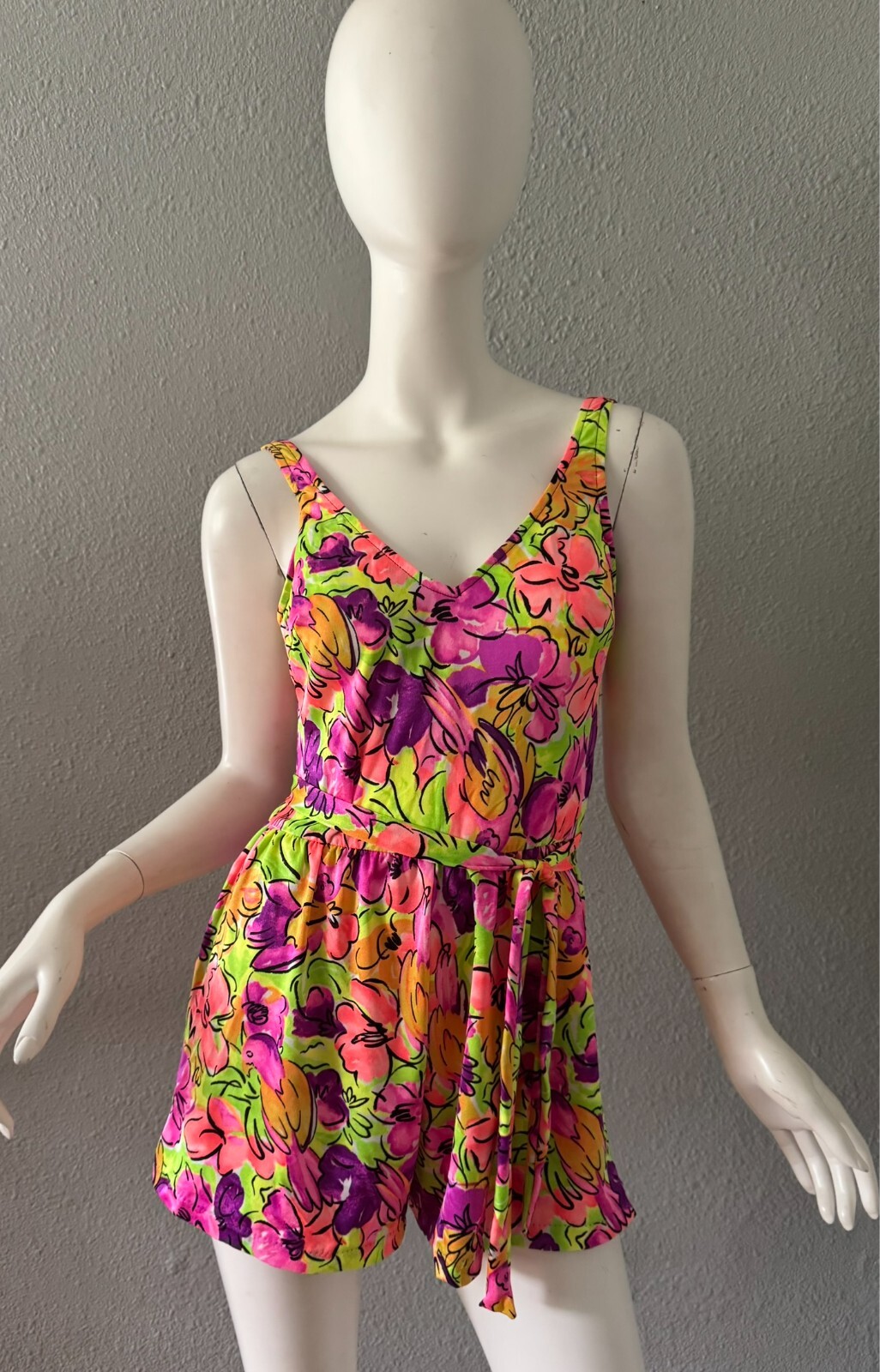 Vintage 80 Neon Colorful Pin Up RETRO Floral Romper Playsuit Swimsuit M
