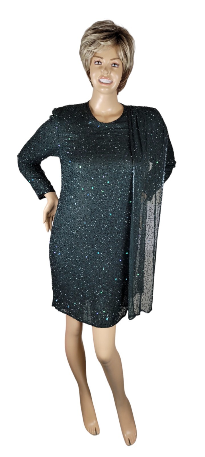 Vintage Judith Ann Creations Hunter Green Beaded Sequin Cocktail Evening Dress L