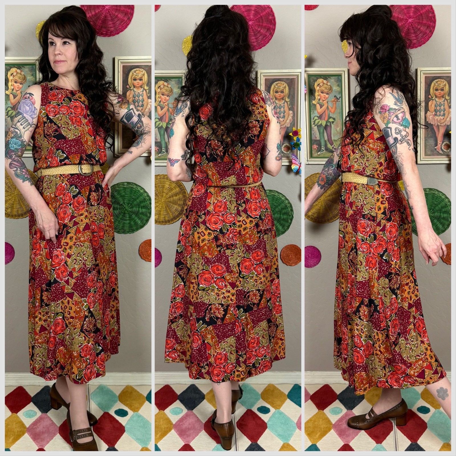 Vintage 1980s Sleeveless Floral and Patchwork Print Belted Midi Dress | S/M