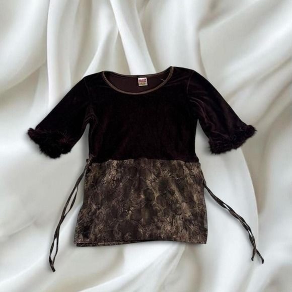 Clock House mixed media velvet feather cuff babydoll top y2k 90s vintage euro