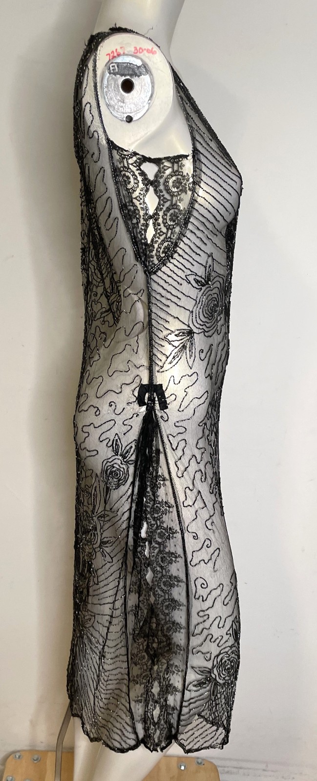 Antique 30s Art Deco Black Lace Sheer Beaded Dress S XS Floral Holes