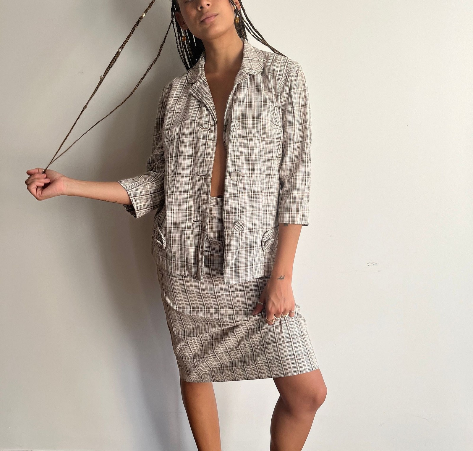 1950s Plaid Cotton Skirt Set: Vintage Two-Piece Suit