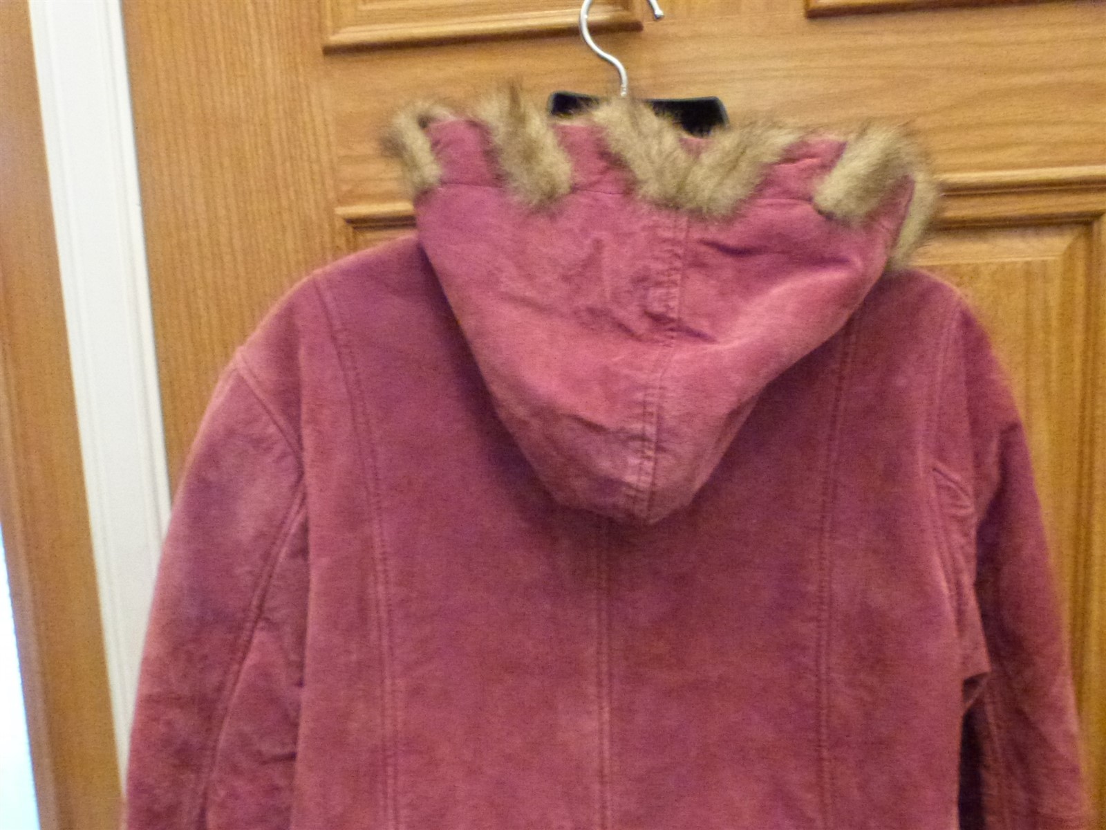Dennis Basso suede coat vintage 1990s faux fur red Burgundy Maroon wine hood W L