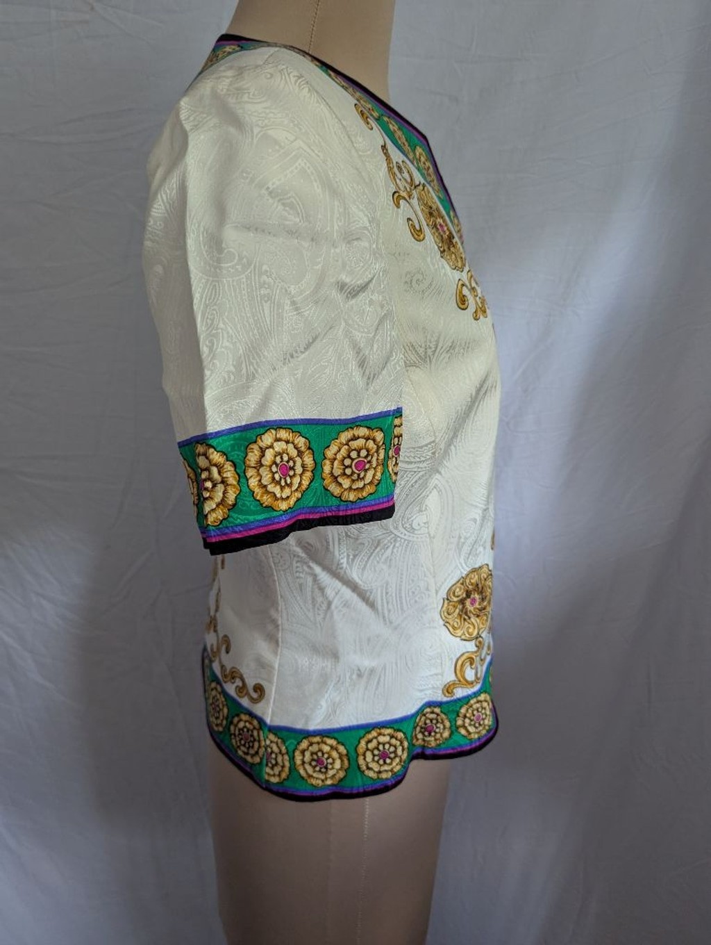 Vtg 100% Silk Baroque Floral Button Front Blouse Cream Gold Regencycore Sz 8