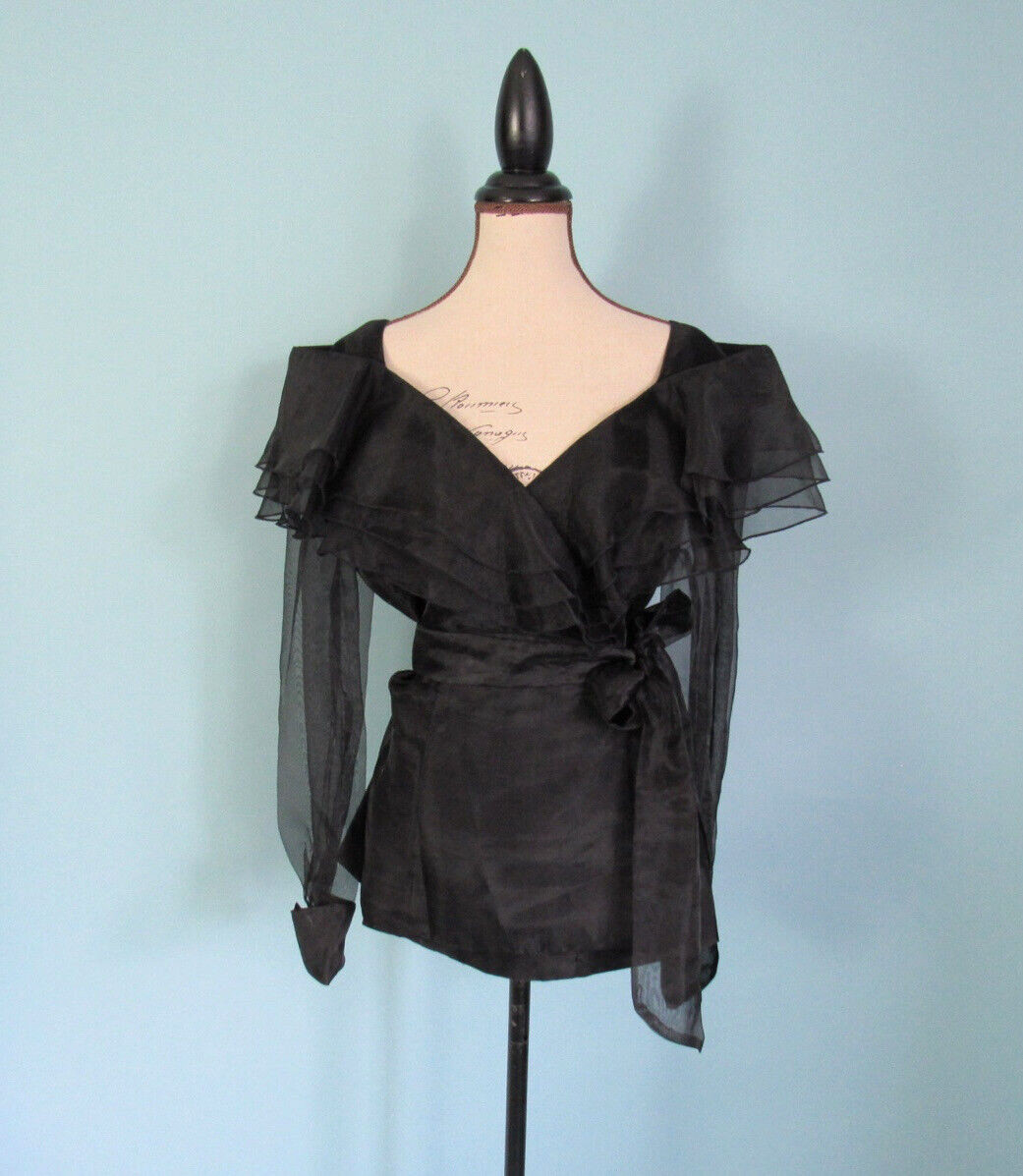 Size M HAMPTON NITES Black Wrap Blouse VINTAGE Shoulder Ruffles Sheer Sleeve