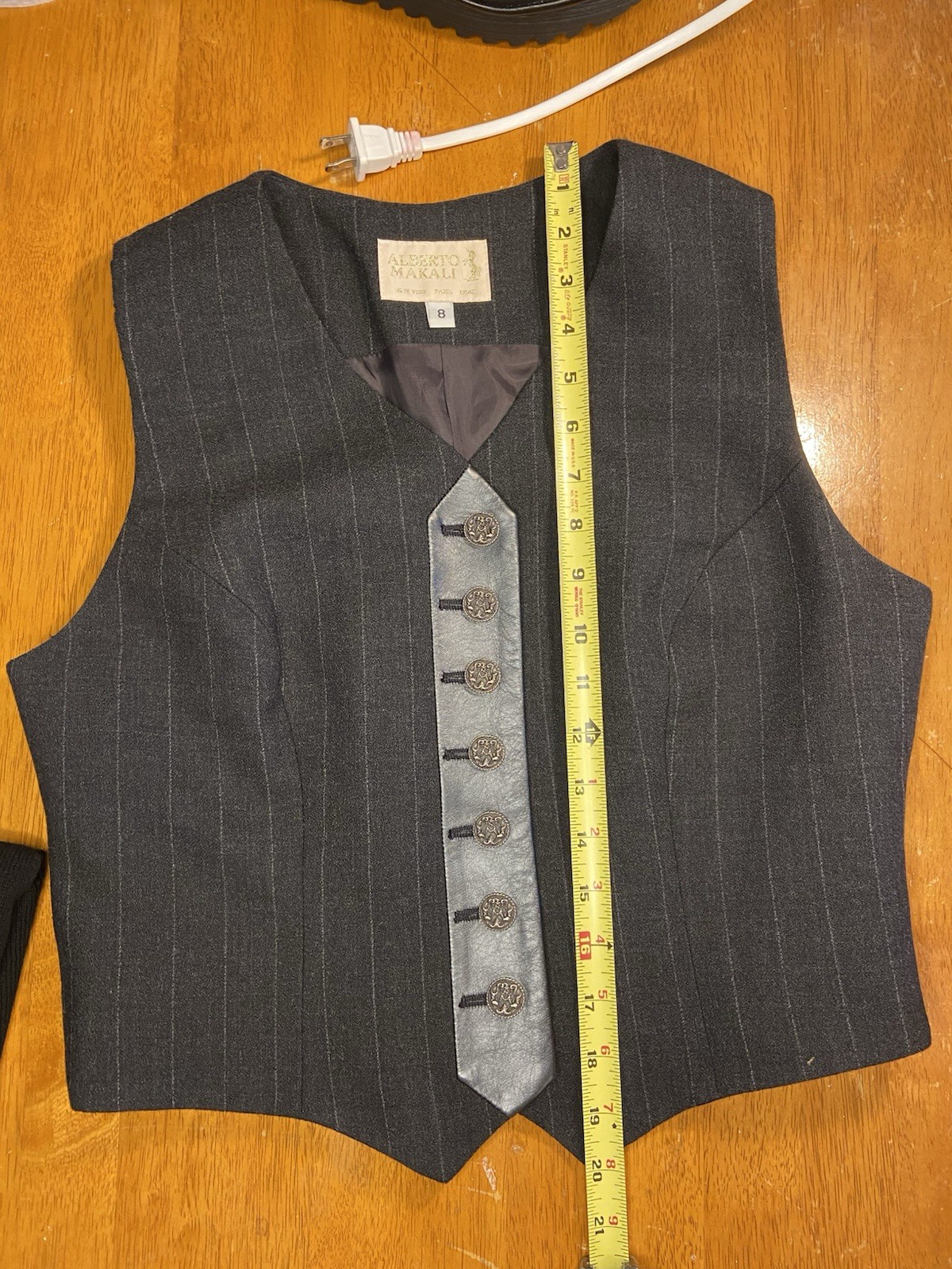 VTG Alberto Makali Wool Vest Genuine Leather Trim Pinstripe Waistcoat Womens S 8