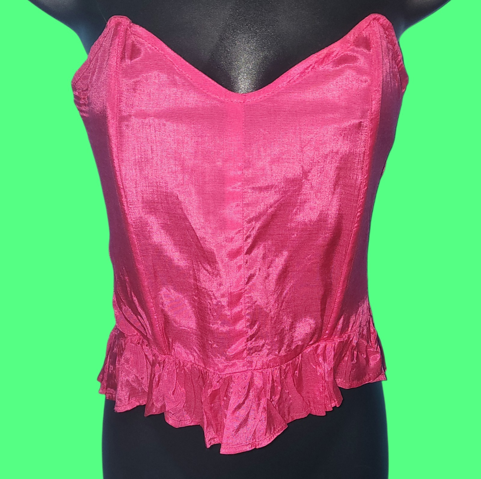 VINTAGE 80’s AT LAST Hot Pink Ruffle Bustier Smocked Top Lingerie Intimates