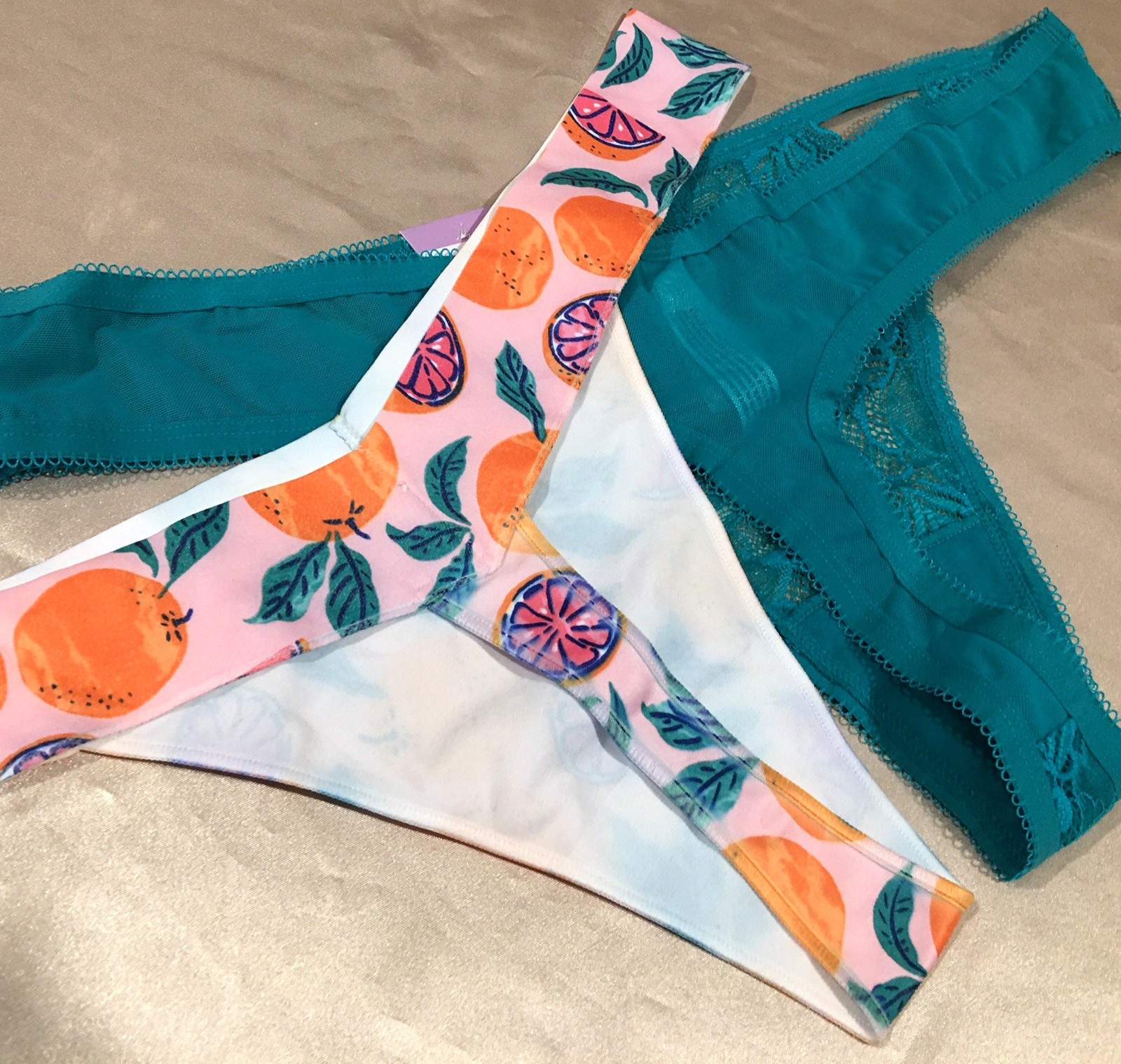 Vtg Pink Fruit Green Lace Thong Back Nylon String Bikini Panties 2 Pair XL